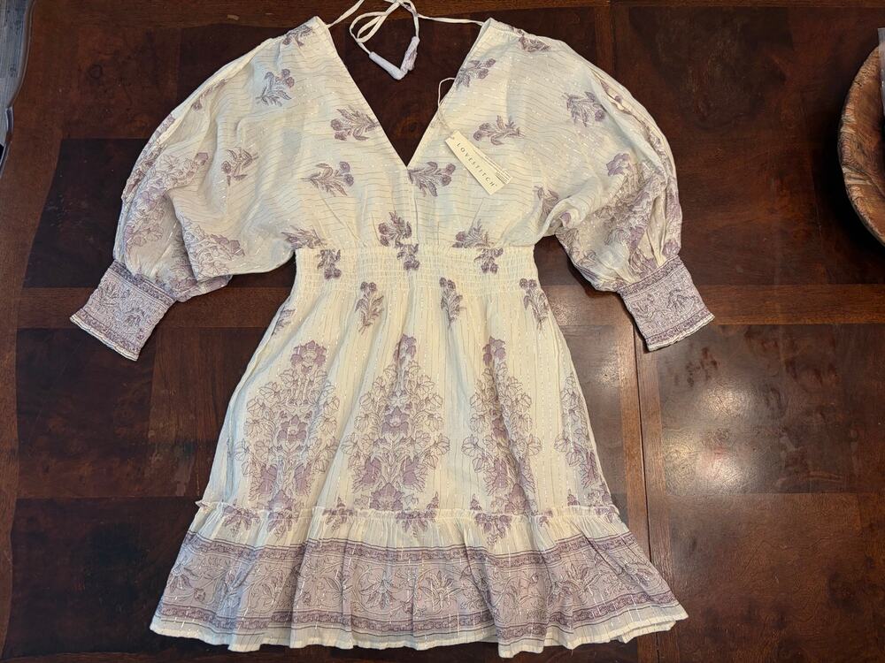 NWT Love Stitch Womens Med Cream/Purple Floral Boho Balloon Sleeve Smock Dress